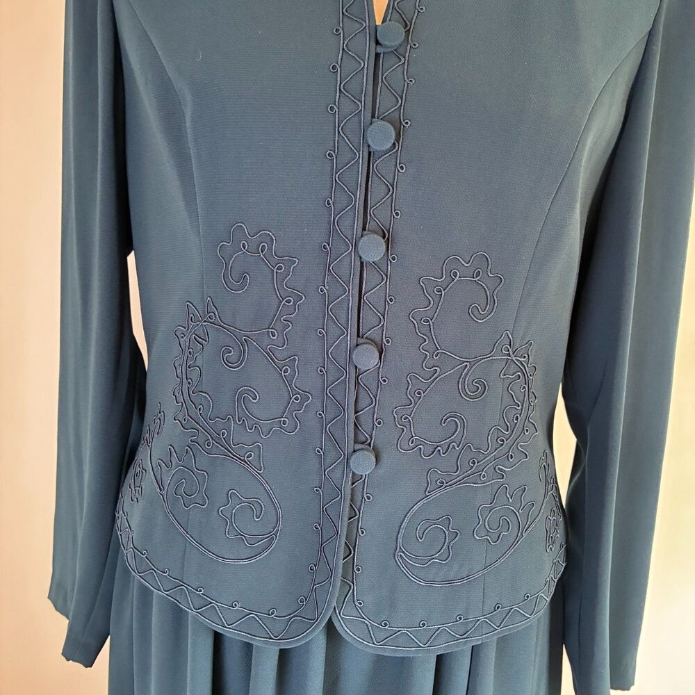Vintage Coldwater Creek Two-Piece Dress Set Teal Blue Slate Embroidered Size M